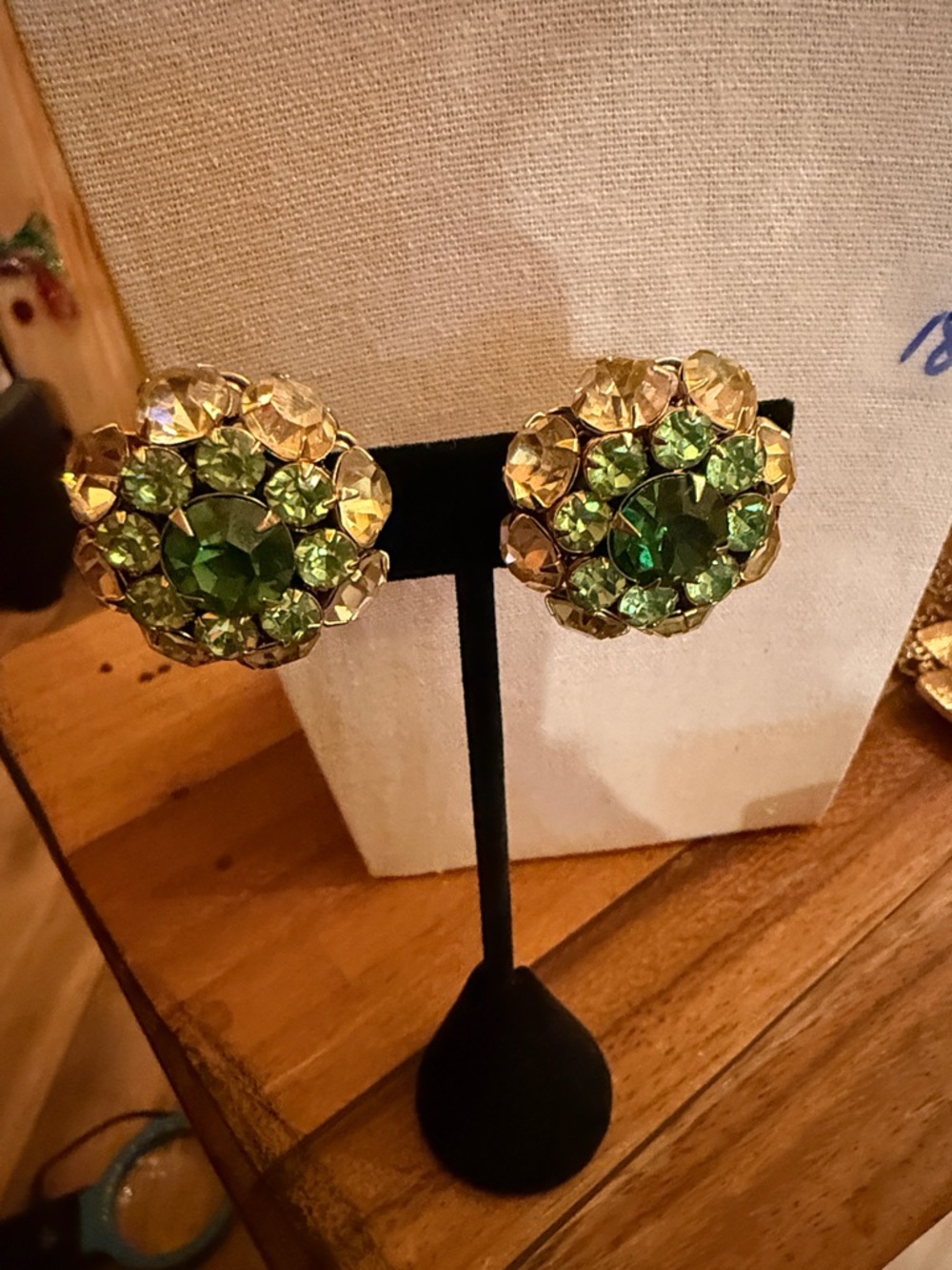 Judy Lee uranium Green Crystal Flower Clip-On Earrings -